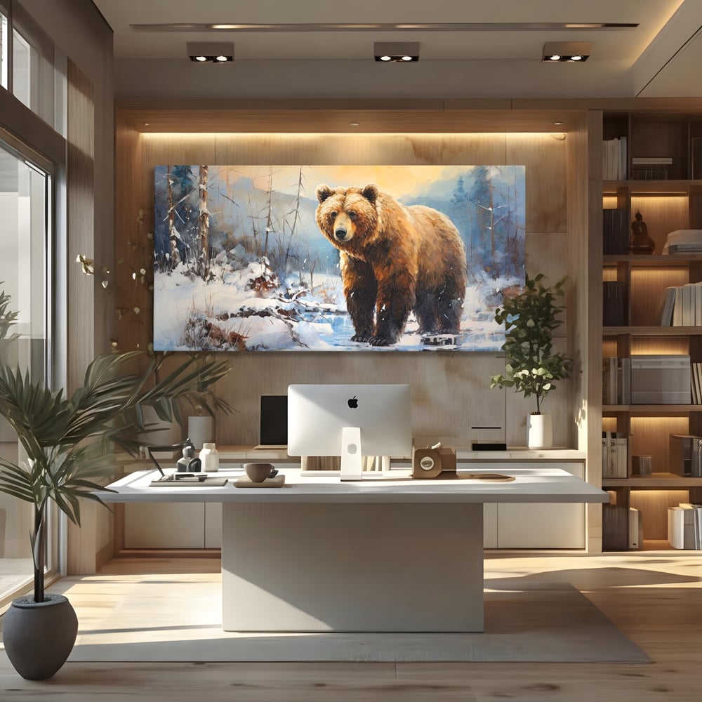 Tablou Canvas Premium, LuxCanva® M1002, Paznicul Padurii Inzapezite, Padure, Zapada, Iarna, Copaci, Frig, Urs, Animal, Peisaj, Birou, Living, Camera Copii
