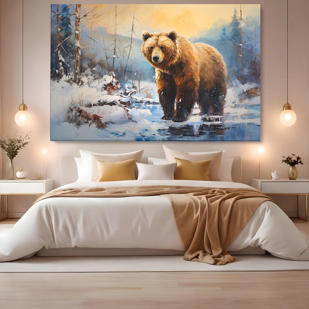 Tablou Canvas Premium, LuxCanva® M1002, Paznicul Padurii Inzapezite, Padure, Zapada, Iarna, Copaci, Frig, Urs, Animal, Peisaj, Birou, Living, Camera Copii
