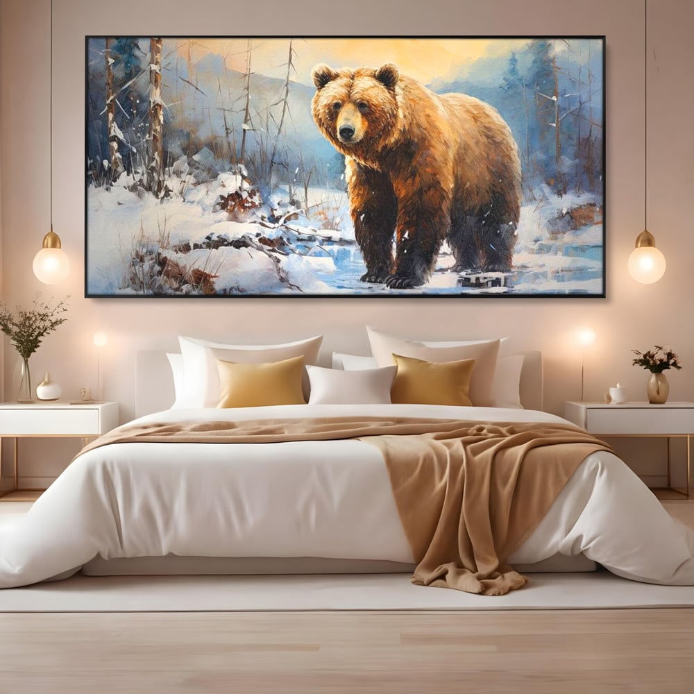 Tablou Canvas Premium, LuxCanva® M1002, Paznicul Padurii Inzapezite, Padure, Zapada, Iarna, Copaci, Frig, Urs, Animal, Peisaj, Birou, Living, Camera Copii