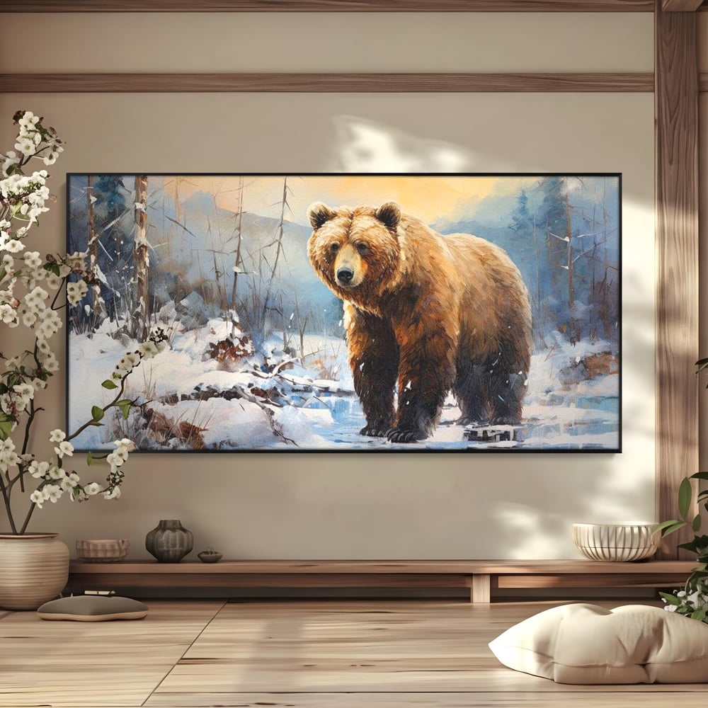 Tablou Canvas Premium, LuxCanva® M1002, Paznicul Padurii Inzapezite, Padure, Zapada, Iarna, Copaci, Frig, Urs, Animal, Peisaj, Birou, Living, Camera Copii