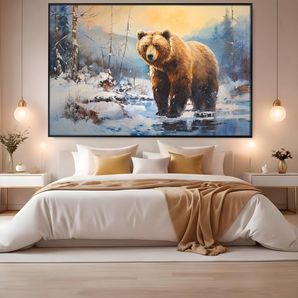 Tablou Canvas Premium, LuxCanva® M1002, Paznicul Padurii Inzapezite, Padure, Zapada, Iarna, Copaci, Frig, Urs, Animal, Peisaj, Birou, Living, Camera Copii