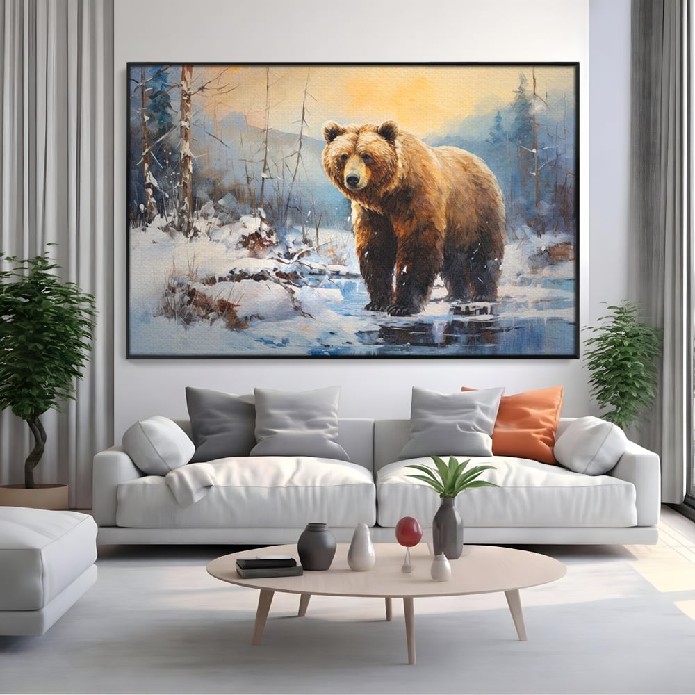 Tablou Canvas Premium, LuxCanva® M1002, Paznicul Padurii Inzapezite, Padure, Zapada, Iarna, Copaci, Frig, Urs, Animal, Peisaj, Birou, Living, Camera Copii