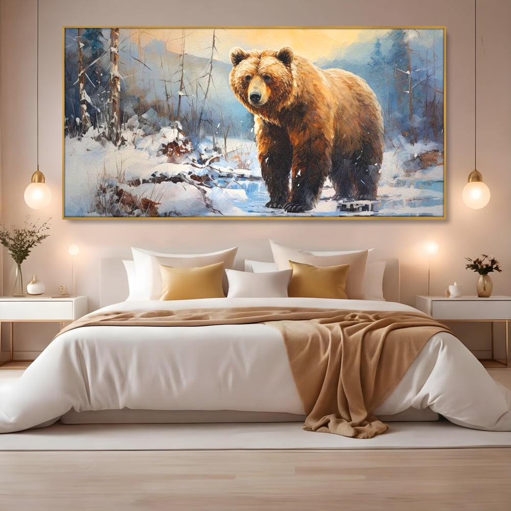 Tablou Canvas Premium, LuxCanva® M1002, Paznicul Padurii Inzapezite, Padure, Zapada, Iarna, Copaci, Frig, Urs, Animal, Peisaj, Birou, Living, Camera Copii