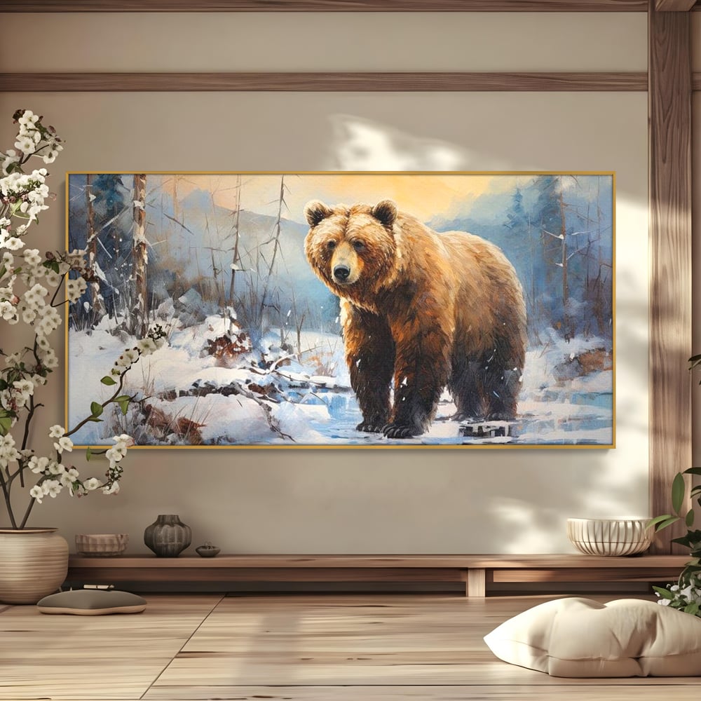 Tablou Canvas Premium, LuxCanva® M1002, Paznicul Padurii Inzapezite, Padure, Zapada, Iarna, Copaci, Frig, Urs, Animal, Peisaj, Birou, Living, Camera Copii