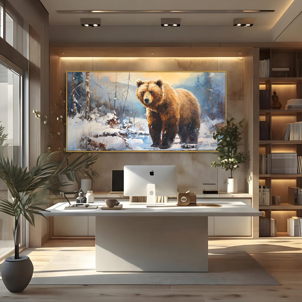 Tablou Canvas Premium, LuxCanva® M1002, Paznicul Padurii Inzapezite, Padure, Zapada, Iarna, Copaci, Frig, Urs, Animal, Peisaj, Birou, Living, Camera Copii