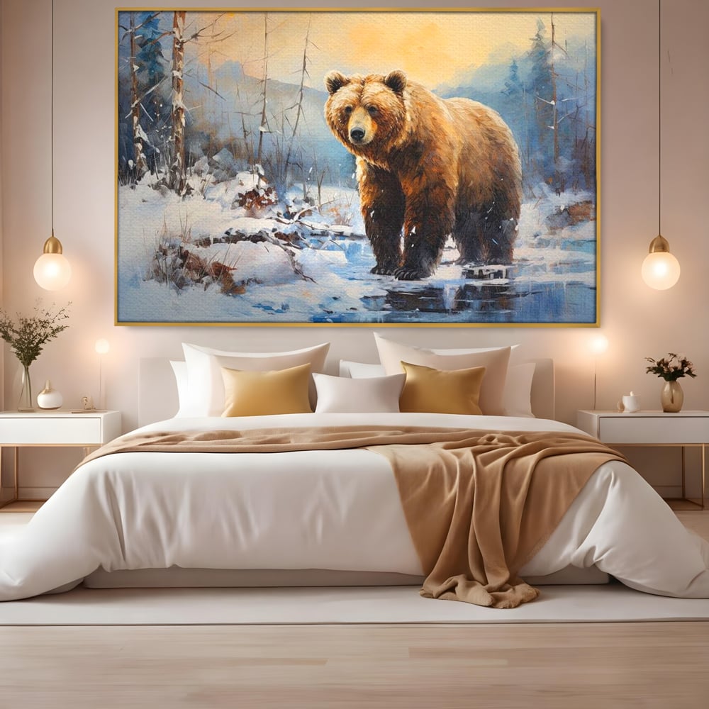 Tablou Canvas Premium, LuxCanva® M1002, Paznicul Padurii Inzapezite, Padure, Zapada, Iarna, Copaci, Frig, Urs, Animal, Peisaj, Birou, Living, Camera Copii