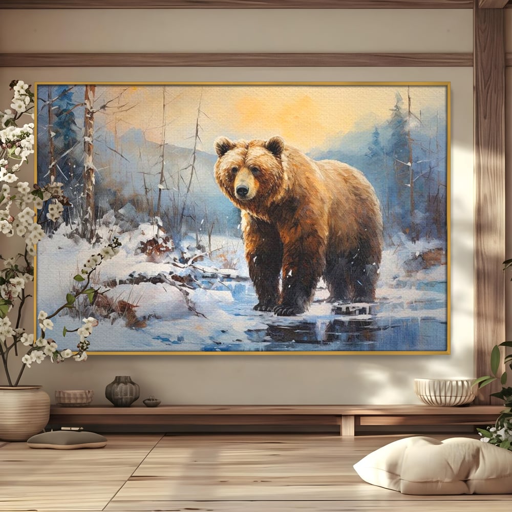 Tablou Canvas Premium, LuxCanva® M1002, Paznicul Padurii Inzapezite, Padure, Zapada, Iarna, Copaci, Frig, Urs, Animal, Peisaj, Birou, Living, Camera Copii