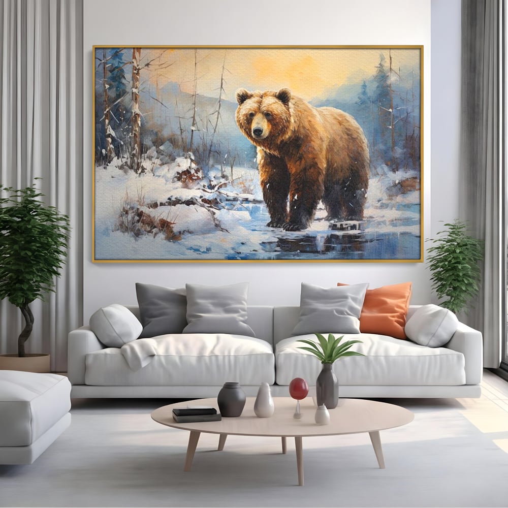 Tablou Canvas Premium, LuxCanva® M1002, Paznicul Padurii Inzapezite, Padure, Zapada, Iarna, Copaci, Frig, Urs, Animal, Peisaj, Birou, Living, Camera Copii
