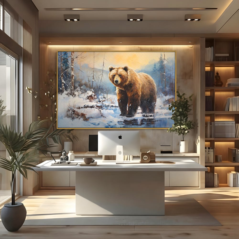 Tablou Canvas Premium, LuxCanva® M1002, Paznicul Padurii Inzapezite, Padure, Zapada, Iarna, Copaci, Frig, Urs, Animal, Peisaj, Birou, Living, Camera Copii