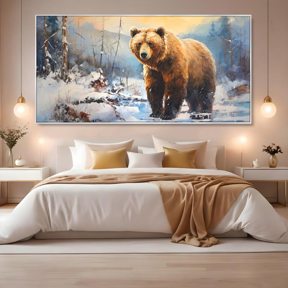 Tablou Canvas Premium, LuxCanva® M1002, Paznicul Padurii Inzapezite, Padure, Zapada, Iarna, Copaci, Frig, Urs, Animal, Peisaj, Birou, Living, Camera Copii