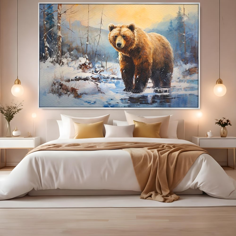 Tablou Canvas Premium, LuxCanva® M1002, Paznicul Padurii Inzapezite, Padure, Zapada, Iarna, Copaci, Frig, Urs, Animal, Peisaj, Birou, Living, Camera Copii