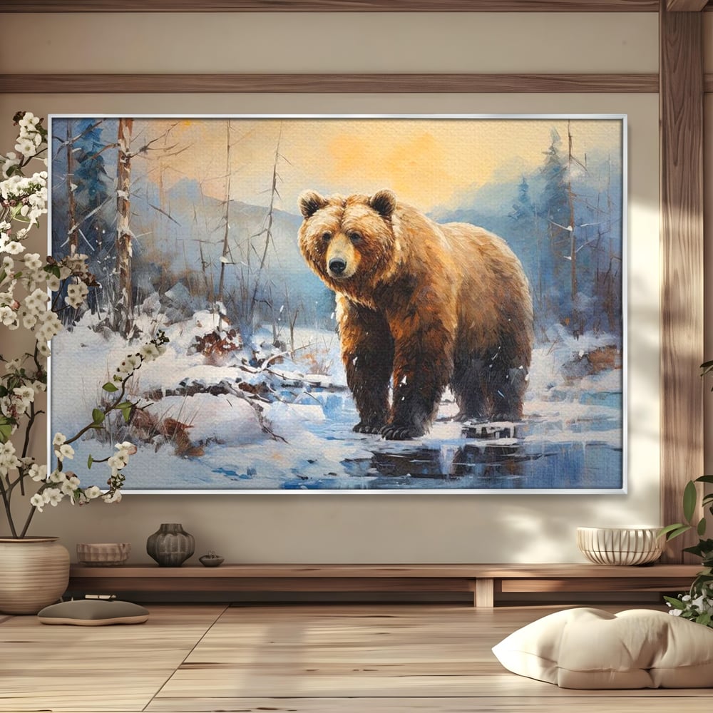 Tablou Canvas Premium, LuxCanva® M1002, Paznicul Padurii Inzapezite, Padure, Zapada, Iarna, Copaci, Frig, Urs, Animal, Peisaj, Birou, Living, Camera Copii