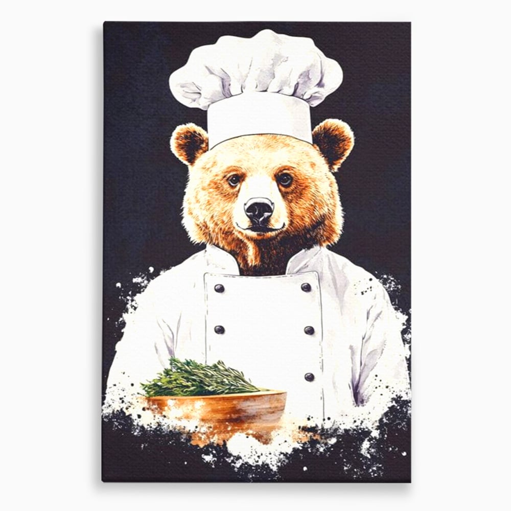 Leinwand Premium Canvas Wall Art, LuxCanva® M1003, Meisterkoch Bär, Uniform, Haube, Koch, Rezept, Portrait, Bär, Humor, Küche, Büro, Wohnzimmer, Kinderzimmer