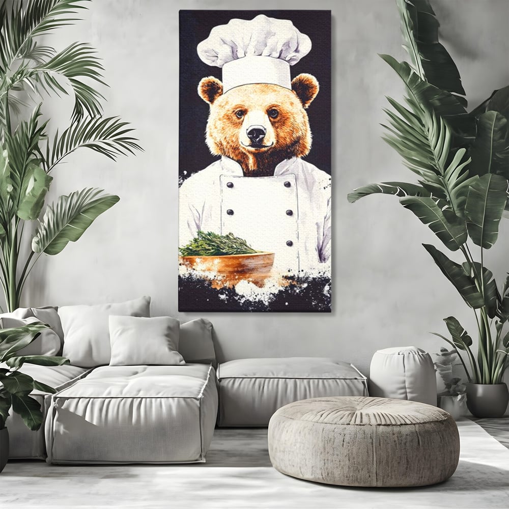 Leinwand Premium Canvas Wall Art, LuxCanva® M1003, Meisterkoch Bär, Uniform, Haube, Koch, Rezept, Portrait, Bär, Humor, Küche, Büro, Wohnzimmer, Kinderzimmer
