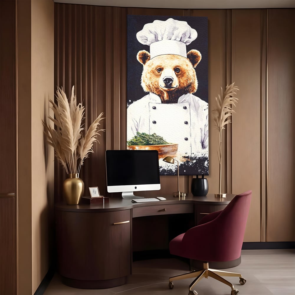 Leinwand Premium Canvas Wall Art, LuxCanva® M1003, Meisterkoch Bär, Uniform, Haube, Koch, Rezept, Portrait, Bär, Humor, Küche, Büro, Wohnzimmer, Kinderzimmer