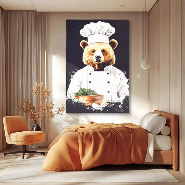 Leinwand Premium Canvas Wall Art, LuxCanva® M1003, Meisterkoch Bär, Uniform, Haube, Koch, Rezept, Portrait, Bär, Humor, Küche, Büro, Wohnzimmer, Kinderzimmer