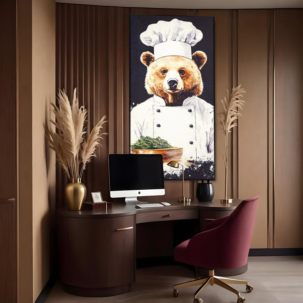 Leinwand Premium Canvas Wall Art, LuxCanva® M1003, Meisterkoch Bär, Uniform, Haube, Koch, Rezept, Portrait, Bär, Humor, Küche, Büro, Wohnzimmer, Kinderzimmer