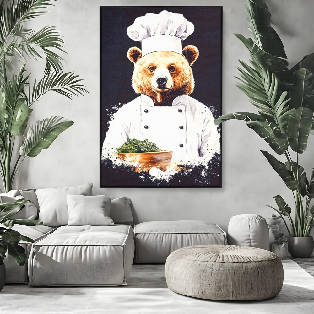 Leinwand Premium Canvas Wall Art, LuxCanva® M1003, Meisterkoch Bär, Uniform, Haube, Koch, Rezept, Portrait, Bär, Humor, Küche, Büro, Wohnzimmer, Kinderzimmer