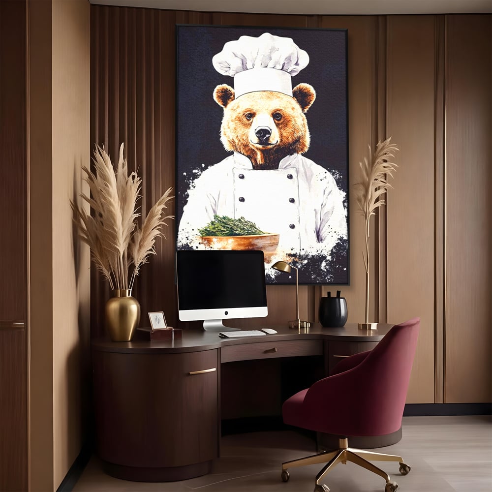 Leinwand Premium Canvas Wall Art, LuxCanva® M1003, Meisterkoch Bär, Uniform, Haube, Koch, Rezept, Portrait, Bär, Humor, Küche, Büro, Wohnzimmer, Kinderzimmer