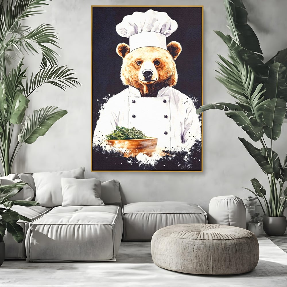 Leinwand Premium Canvas Wall Art, LuxCanva® M1003, Meisterkoch Bär, Uniform, Haube, Koch, Rezept, Portrait, Bär, Humor, Küche, Büro, Wohnzimmer, Kinderzimmer