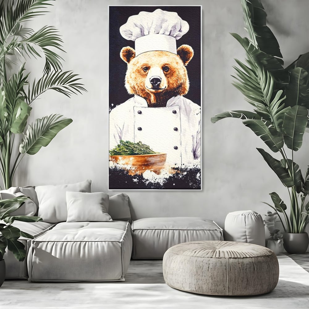 Leinwand Premium Canvas Wall Art, LuxCanva® M1003, Meisterkoch Bär, Uniform, Haube, Koch, Rezept, Portrait, Bär, Humor, Küche, Büro, Wohnzimmer, Kinderzimmer