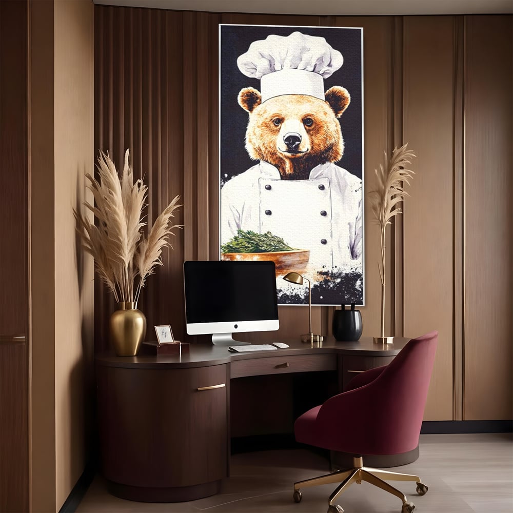 Leinwand Premium Canvas Wall Art, LuxCanva® M1003, Meisterkoch Bär, Uniform, Haube, Koch, Rezept, Portrait, Bär, Humor, Küche, Büro, Wohnzimmer, Kinderzimmer