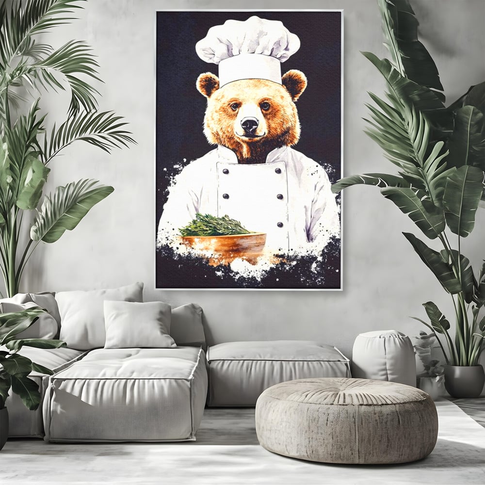 Leinwand Premium Canvas Wall Art, LuxCanva® M1003, Meisterkoch Bär, Uniform, Haube, Koch, Rezept, Portrait, Bär, Humor, Küche, Büro, Wohnzimmer, Kinderzimmer