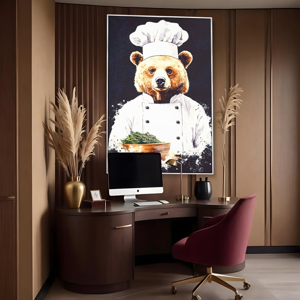 Leinwand Premium Canvas Wall Art, LuxCanva® M1003, Meisterkoch Bär, Uniform, Haube, Koch, Rezept, Portrait, Bär, Humor, Küche, Büro, Wohnzimmer, Kinderzimmer
