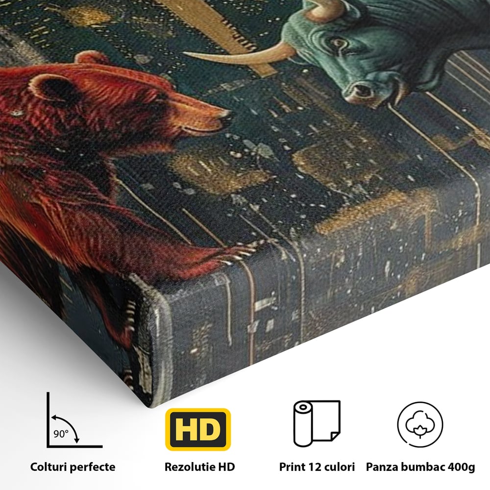 Leinwand Premium Canvas Wandbilder, LuxCanva® M1004, Kampf der Titanen der Stadt, Stier, Macht, Bär, Stadt, Konflikt, Stadt, Grafik, Metropole, Büro, Wohnen, Kinderzimmer