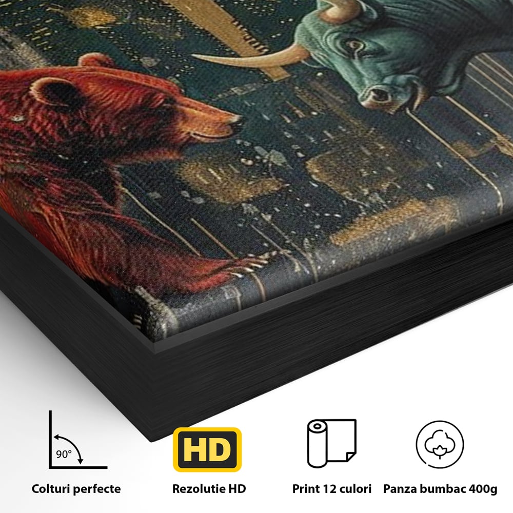 Leinwand Premium Canvas Wandbilder, LuxCanva® M1004, Kampf der Titanen der Stadt, Stier, Macht, Bär, Stadt, Konflikt, Stadt, Grafik, Metropole, Büro, Wohnen, Kinderzimmer