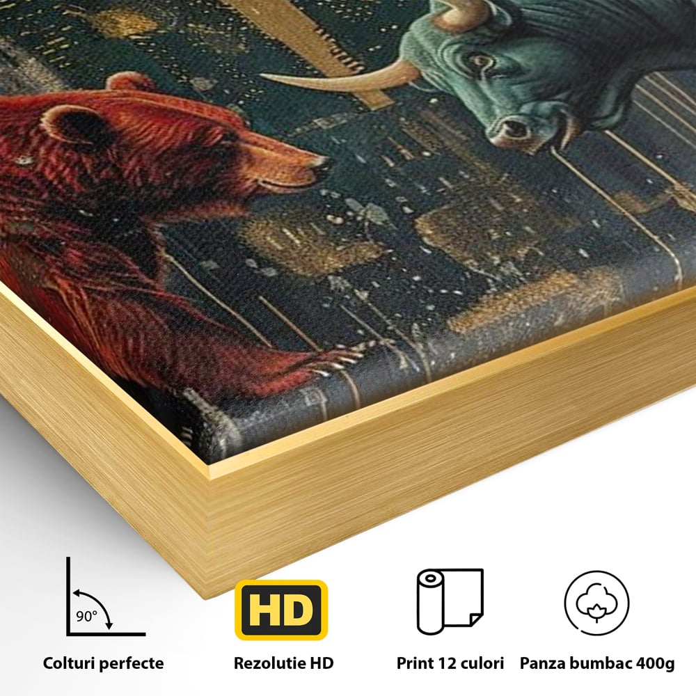 Leinwand Premium Canvas Wandbilder, LuxCanva® M1004, Kampf der Titanen der Stadt, Stier, Macht, Bär, Stadt, Konflikt, Stadt, Grafik, Metropole, Büro, Wohnen, Kinderzimmer