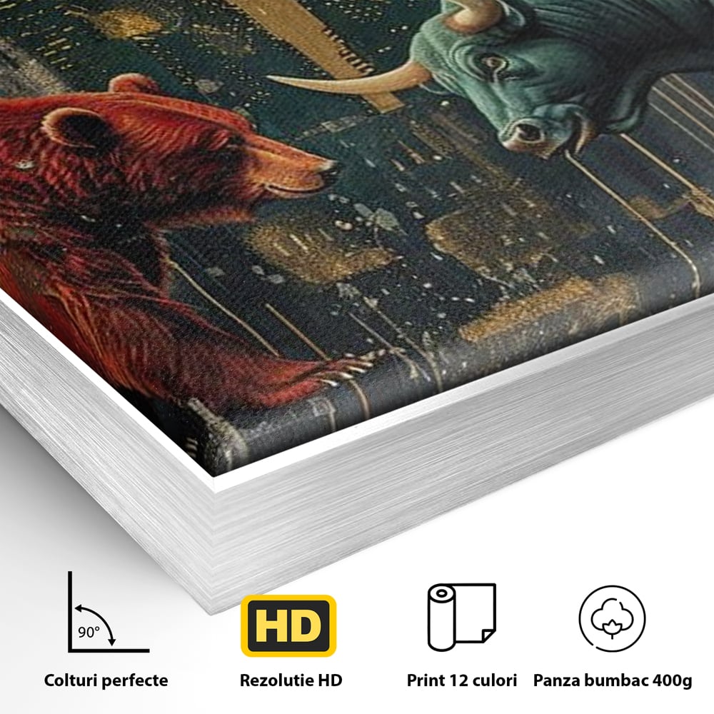 Leinwand Premium Canvas Wandbilder, LuxCanva® M1004, Kampf der Titanen der Stadt, Stier, Macht, Bär, Stadt, Konflikt, Stadt, Grafik, Metropole, Büro, Wohnen, Kinderzimmer