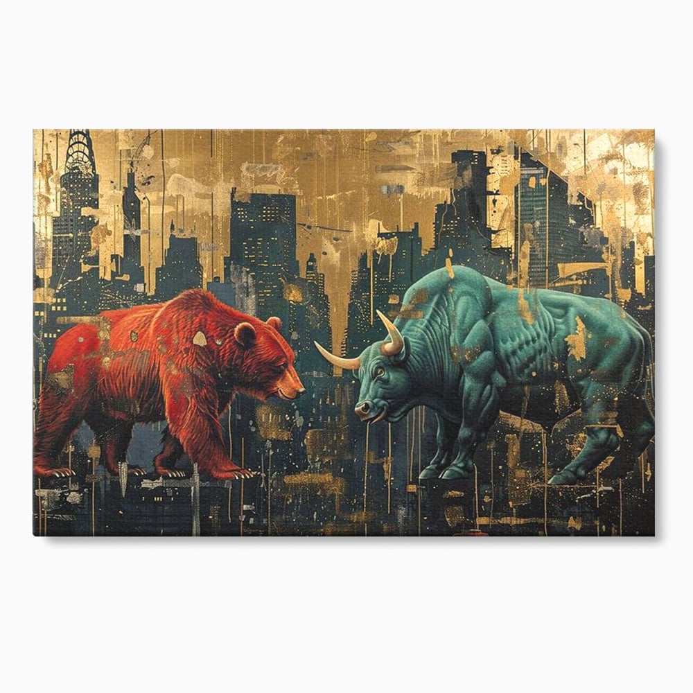Leinwand Premium Canvas Wandbilder, LuxCanva® M1004, Kampf der Titanen der Stadt, Stier, Macht, Bär, Stadt, Konflikt, Stadt, Grafik, Metropole, Büro, Wohnen, Kinderzimmer