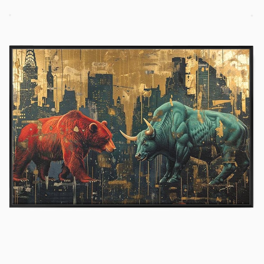 Leinwand Premium Canvas Wandbilder, LuxCanva® M1004, Kampf der Titanen der Stadt, Stier, Macht, Bär, Stadt, Konflikt, Stadt, Grafik, Metropole, Büro, Wohnen, Kinderzimmer