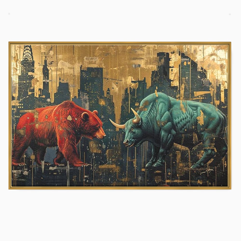 Leinwand Premium Canvas Wandbilder, LuxCanva® M1004, Kampf der Titanen der Stadt, Stier, Macht, Bär, Stadt, Konflikt, Stadt, Grafik, Metropole, Büro, Wohnen, Kinderzimmer