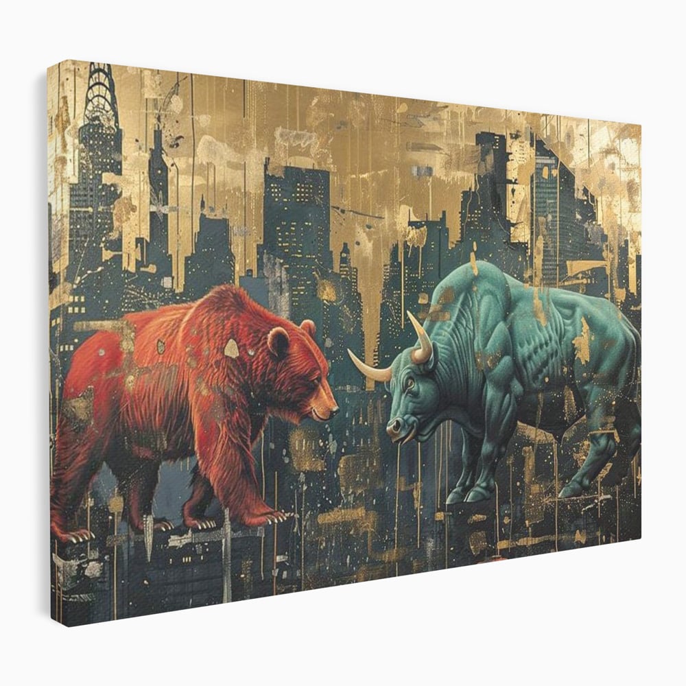 Leinwand Premium Canvas Wandbilder, LuxCanva® M1004, Kampf der Titanen der Stadt, Stier, Macht, Bär, Stadt, Konflikt, Stadt, Grafik, Metropole, Büro, Wohnen, Kinderzimmer
