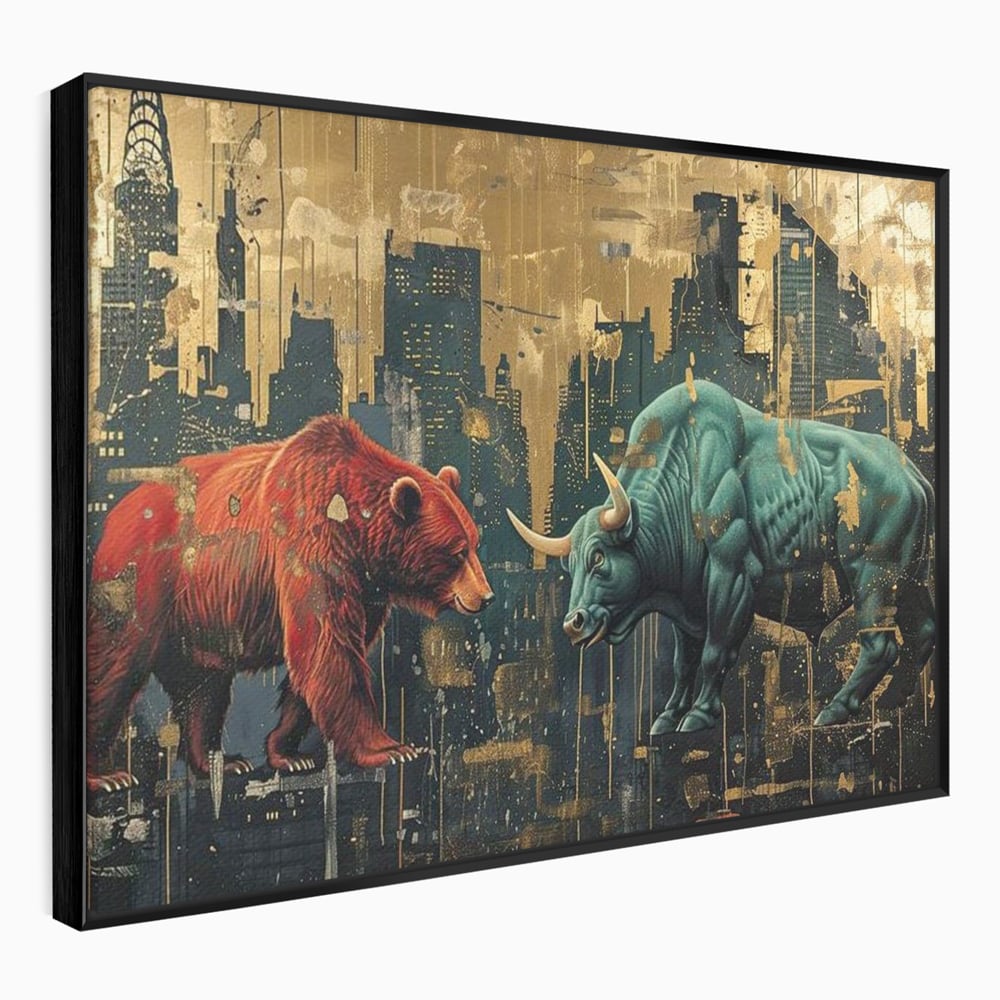 Leinwand Premium Canvas Wandbilder, LuxCanva® M1004, Kampf der Titanen der Stadt, Stier, Macht, Bär, Stadt, Konflikt, Stadt, Grafik, Metropole, Büro, Wohnen, Kinderzimmer