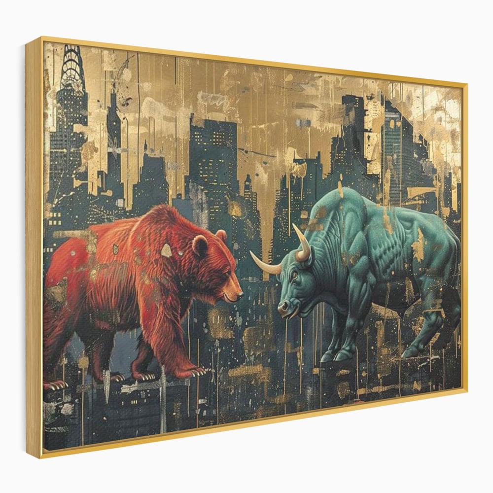 Leinwand Premium Canvas Wandbilder, LuxCanva® M1004, Kampf der Titanen der Stadt, Stier, Macht, Bär, Stadt, Konflikt, Stadt, Grafik, Metropole, Büro, Wohnen, Kinderzimmer