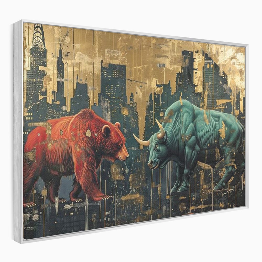 Leinwand Premium Canvas Wandbilder, LuxCanva® M1004, Kampf der Titanen der Stadt, Stier, Macht, Bär, Stadt, Konflikt, Stadt, Grafik, Metropole, Büro, Wohnen, Kinderzimmer