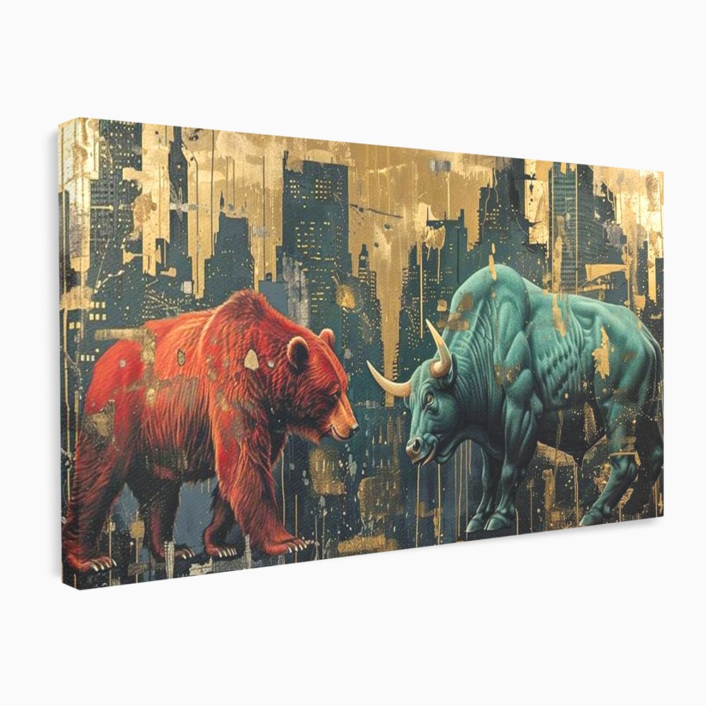 Leinwand Premium Canvas Wandbilder, LuxCanva® M1004, Kampf der Titanen der Stadt, Stier, Macht, Bär, Stadt, Konflikt, Stadt, Grafik, Metropole, Büro, Wohnen, Kinderzimmer