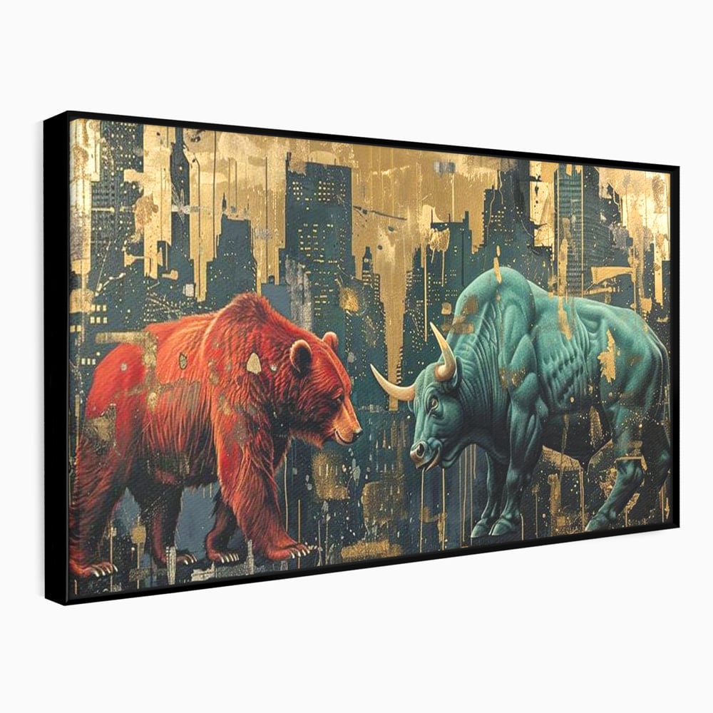 Leinwand Premium Canvas Wandbilder, LuxCanva® M1004, Kampf der Titanen der Stadt, Stier, Macht, Bär, Stadt, Konflikt, Stadt, Grafik, Metropole, Büro, Wohnen, Kinderzimmer