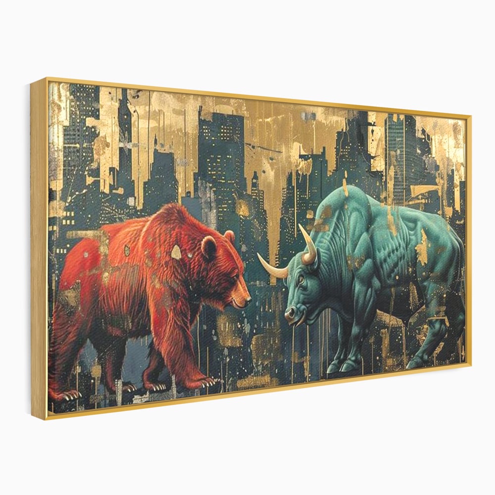 Leinwand Premium Canvas Wandbilder, LuxCanva® M1004, Kampf der Titanen der Stadt, Stier, Macht, Bär, Stadt, Konflikt, Stadt, Grafik, Metropole, Büro, Wohnen, Kinderzimmer