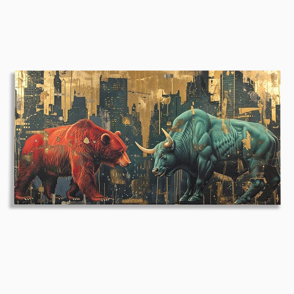 Leinwand Premium Canvas Wandbilder, LuxCanva® M1004, Kampf der Titanen der Stadt, Stier, Macht, Bär, Stadt, Konflikt, Stadt, Grafik, Metropole, Büro, Wohnen, Kinderzimmer