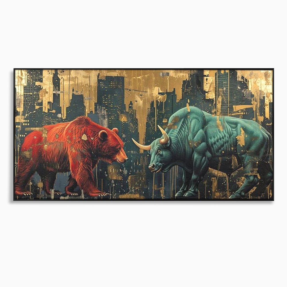 Leinwand Premium Canvas Wandbilder, LuxCanva® M1004, Kampf der Titanen der Stadt, Stier, Macht, Bär, Stadt, Konflikt, Stadt, Grafik, Metropole, Büro, Wohnen, Kinderzimmer