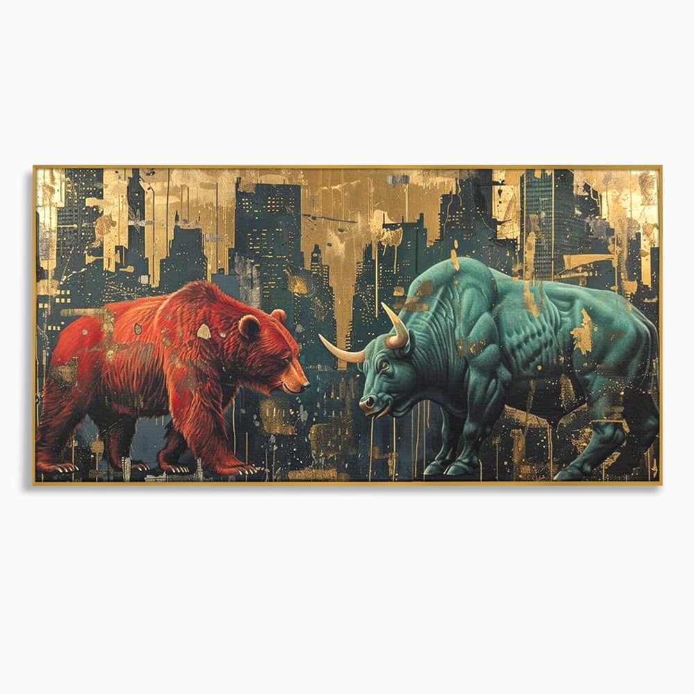 Leinwand Premium Canvas Wandbilder, LuxCanva® M1004, Kampf der Titanen der Stadt, Stier, Macht, Bär, Stadt, Konflikt, Stadt, Grafik, Metropole, Büro, Wohnen, Kinderzimmer