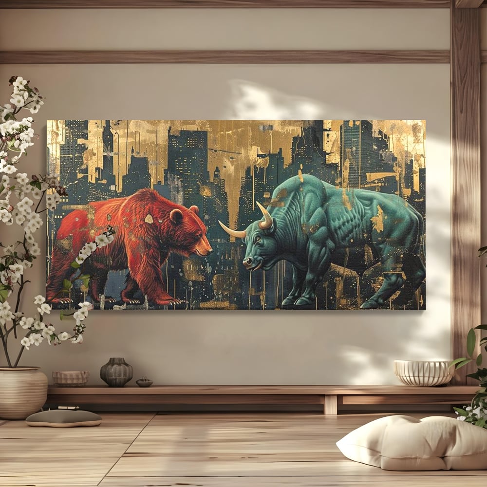 Leinwand Premium Canvas Wandbilder, LuxCanva® M1004, Kampf der Titanen der Stadt, Stier, Macht, Bär, Stadt, Konflikt, Stadt, Grafik, Metropole, Büro, Wohnen, Kinderzimmer