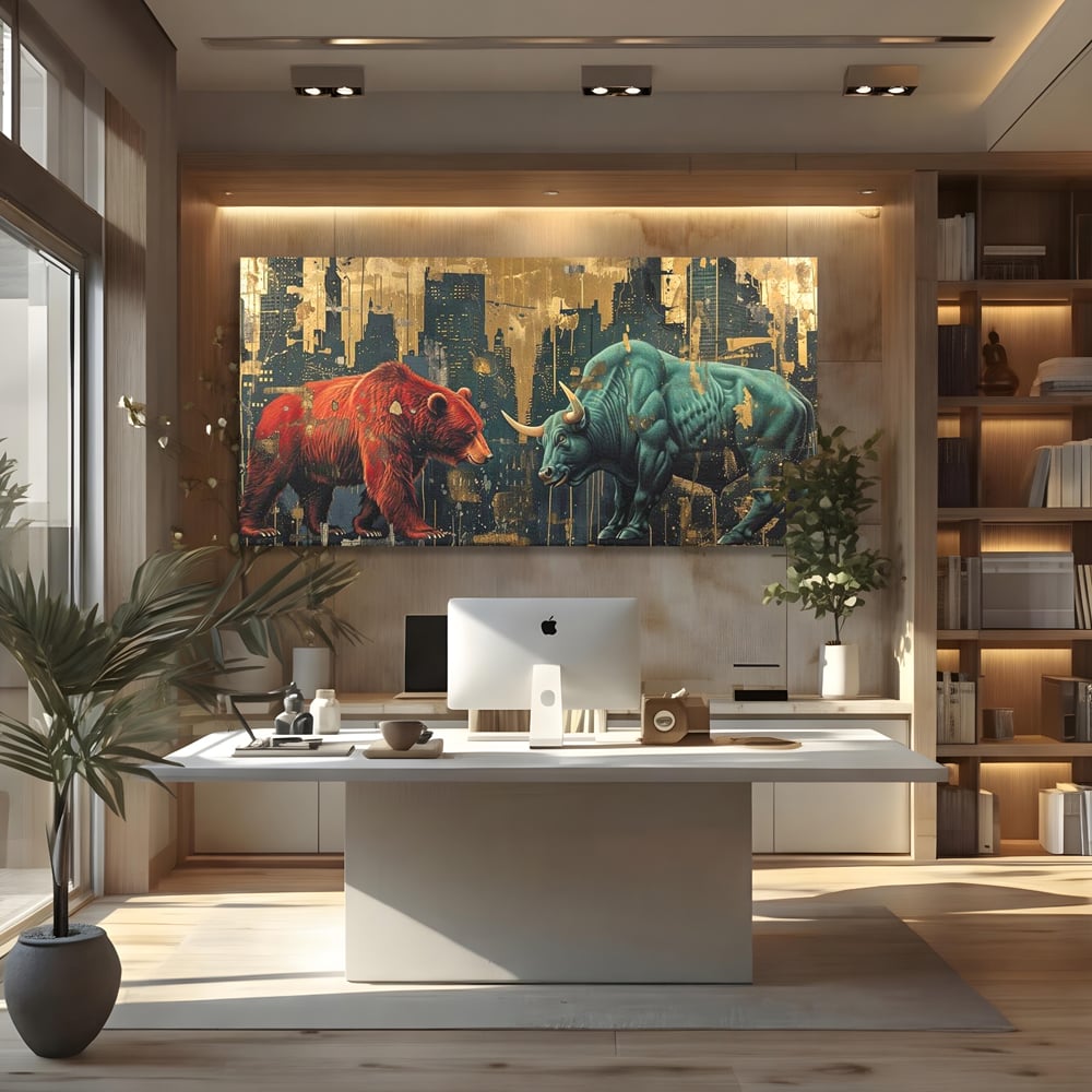 Leinwand Premium Canvas Wandbilder, LuxCanva® M1004, Kampf der Titanen der Stadt, Stier, Macht, Bär, Stadt, Konflikt, Stadt, Grafik, Metropole, Büro, Wohnen, Kinderzimmer