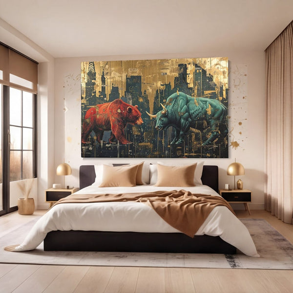 Leinwand Premium Canvas Wandbilder, LuxCanva® M1004, Kampf der Titanen der Stadt, Stier, Macht, Bär, Stadt, Konflikt, Stadt, Grafik, Metropole, Büro, Wohnen, Kinderzimmer