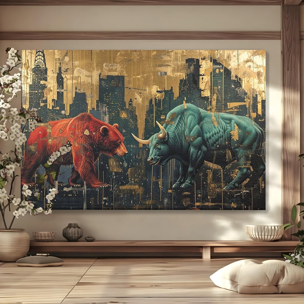 Leinwand Premium Canvas Wandbilder, LuxCanva® M1004, Kampf der Titanen der Stadt, Stier, Macht, Bär, Stadt, Konflikt, Stadt, Grafik, Metropole, Büro, Wohnen, Kinderzimmer