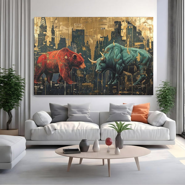 Leinwand Premium Canvas Wandbilder, LuxCanva® M1004, Kampf der Titanen der Stadt, Stier, Macht, Bär, Stadt, Konflikt, Stadt, Grafik, Metropole, Büro, Wohnen, Kinderzimmer